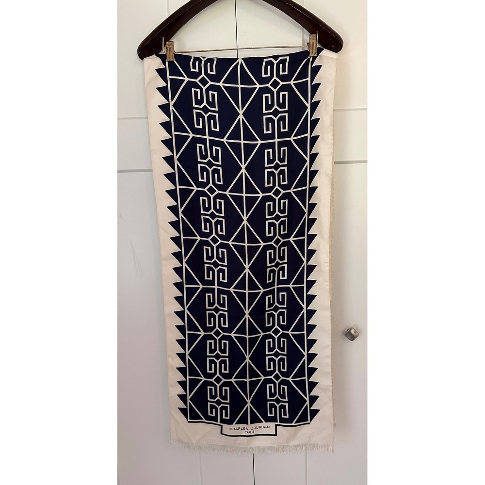 Charles Jourdan Paris Vintage Silk Scarf Navy Blue Cream Greek Key Geometric